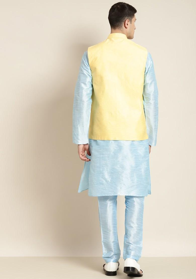 Blue Mirror Work Poly Blend Kurta Set For Men
