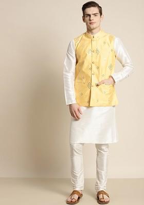 Off White Embroidered Poly Blend Kurta Set For Men