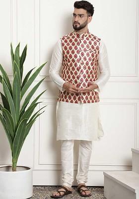 Off White Solid Poly Blend Kurta Set For Men