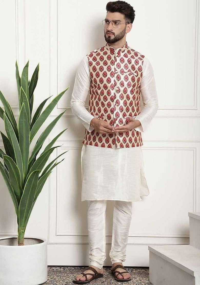 Off White Solid Poly Blend Kurta Set For Men - Indya