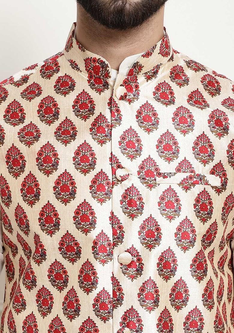 Off White Solid Poly Blend Kurta Set For Men