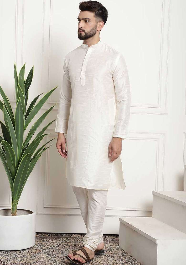 Off White Solid Poly Blend Kurta Set For Men - Indya