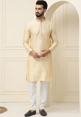 Gold Thread Work Cotton Kurta Set For Men