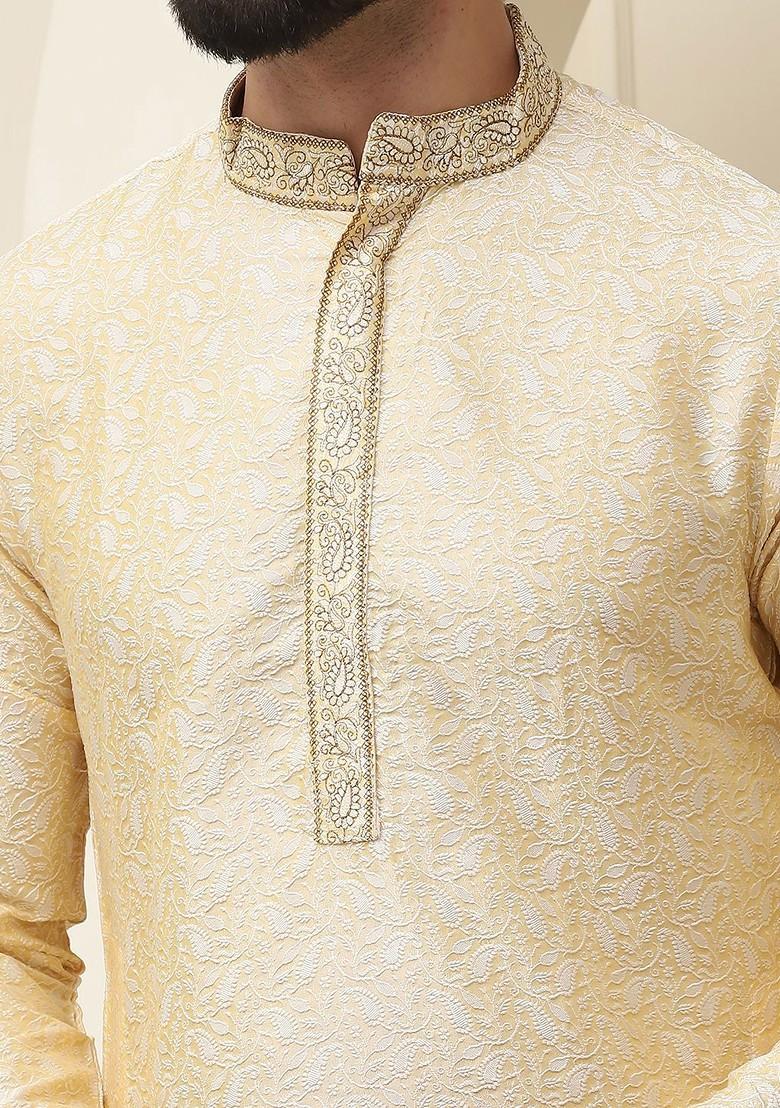 Gold Thread Work Cotton Kurta Set For Men