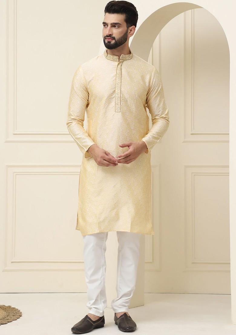 Gold Thread Work Cotton Kurta Set For Men