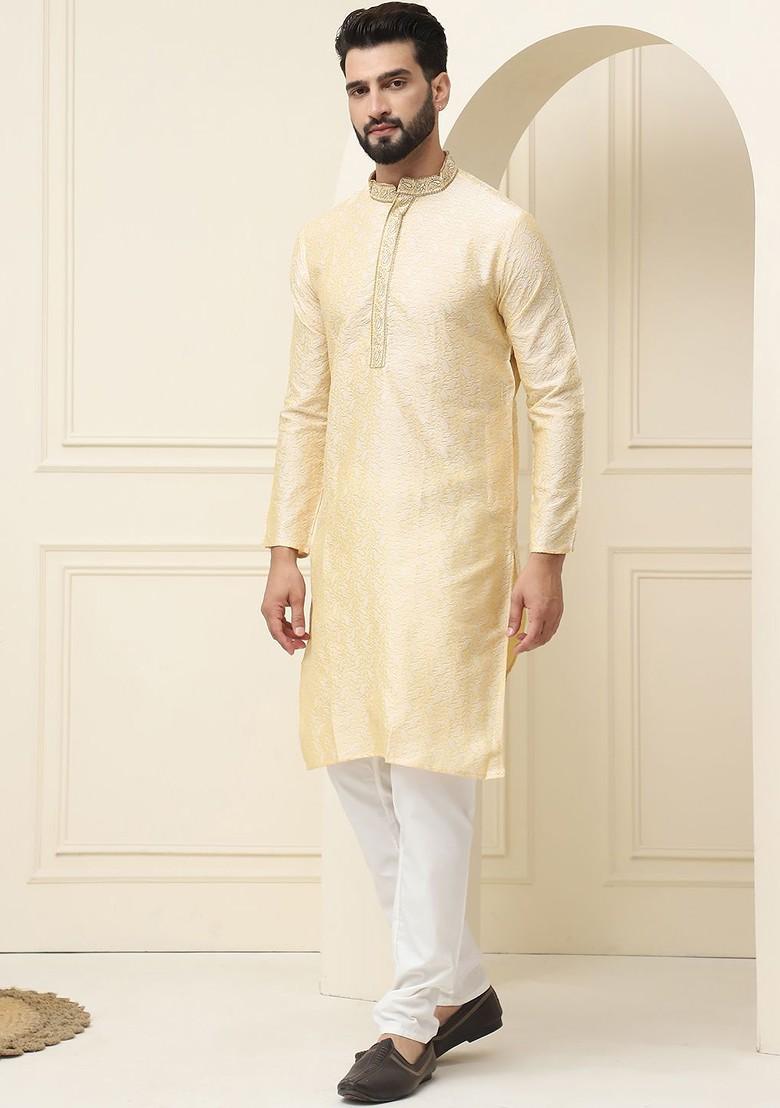Gold Thread Work Cotton Kurta Set For Men