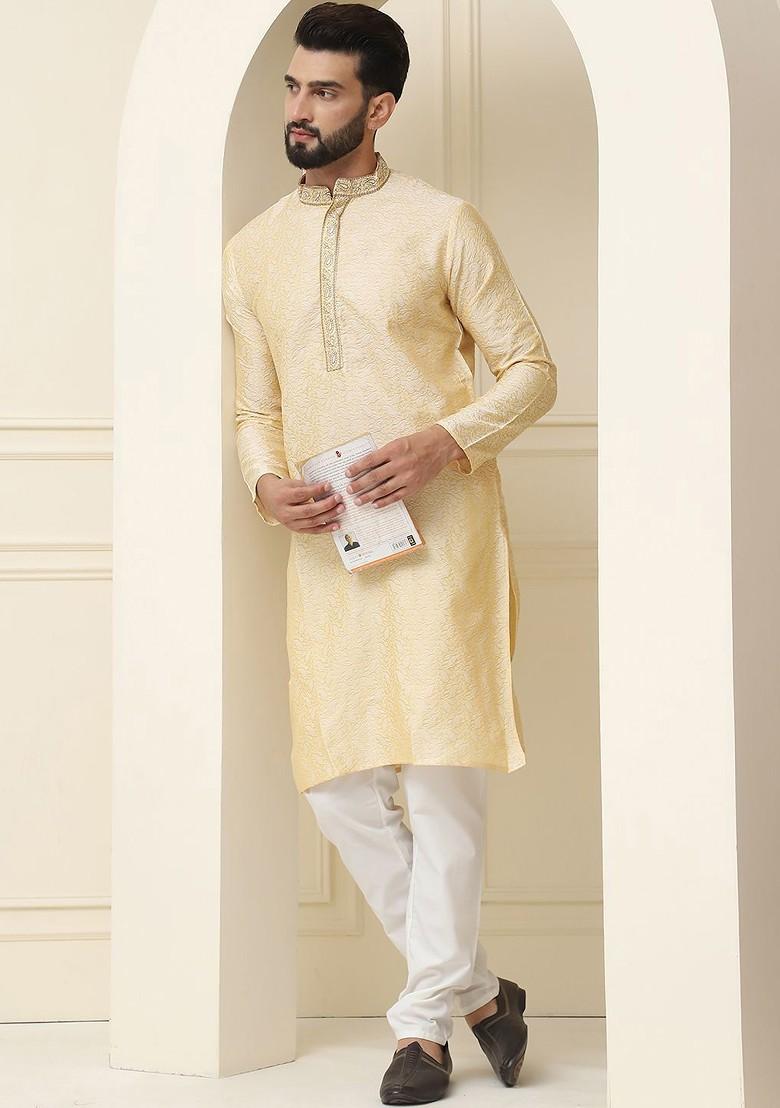 Gold Thread Work Cotton Kurta Set For Men