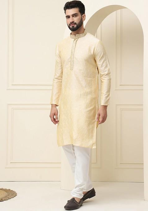 Gold Thread Work Cotton Kurta Set For Men