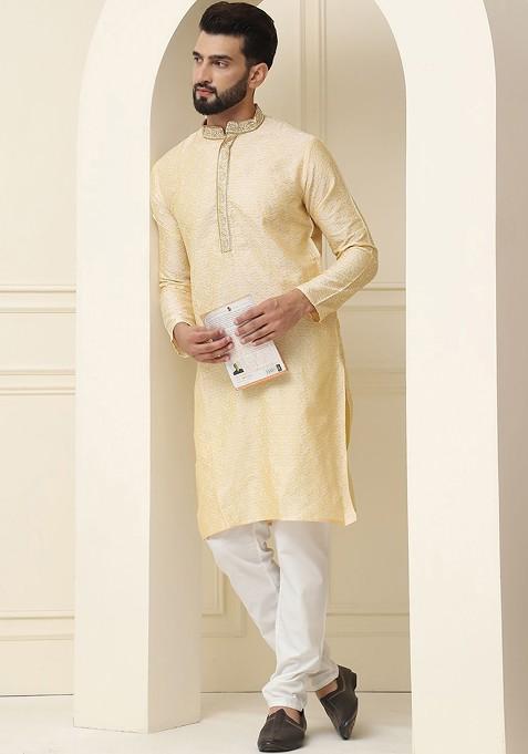 Gold Thread Work Cotton Kurta Set For Men