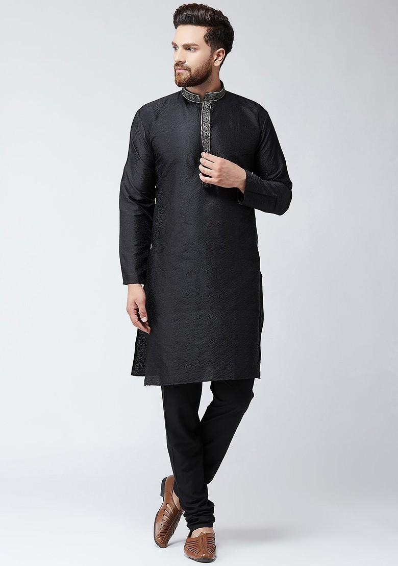 Black Solid Poly Blend Kurta Set For Men