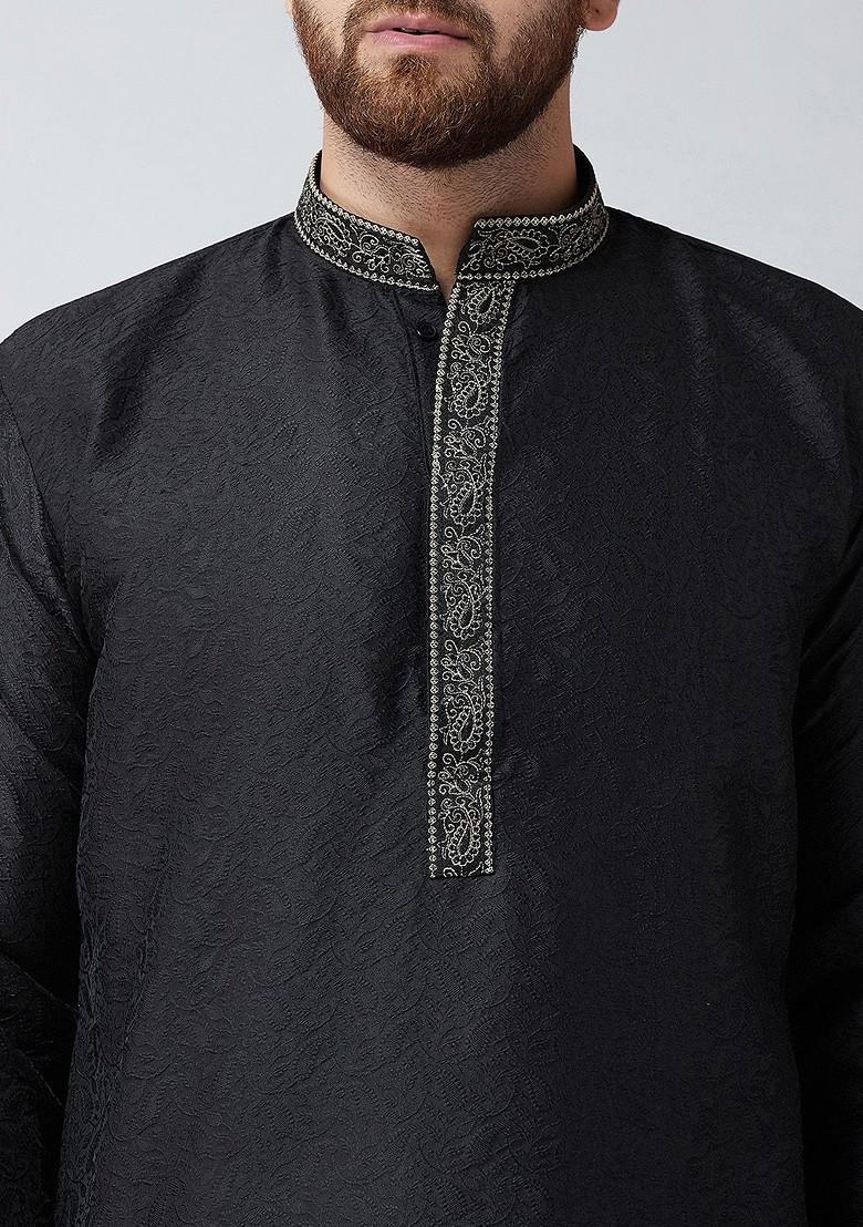 Black Solid Poly Blend Kurta Set For Men