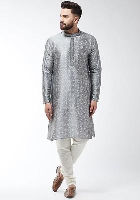 Grey Solid Jacquard Kurta Set For Men