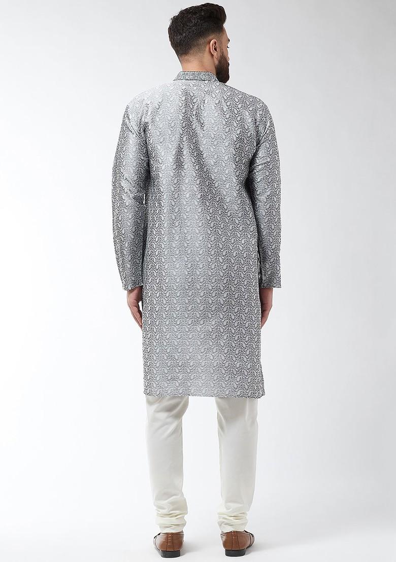 Grey Solid Jacquard Kurta Set For Men