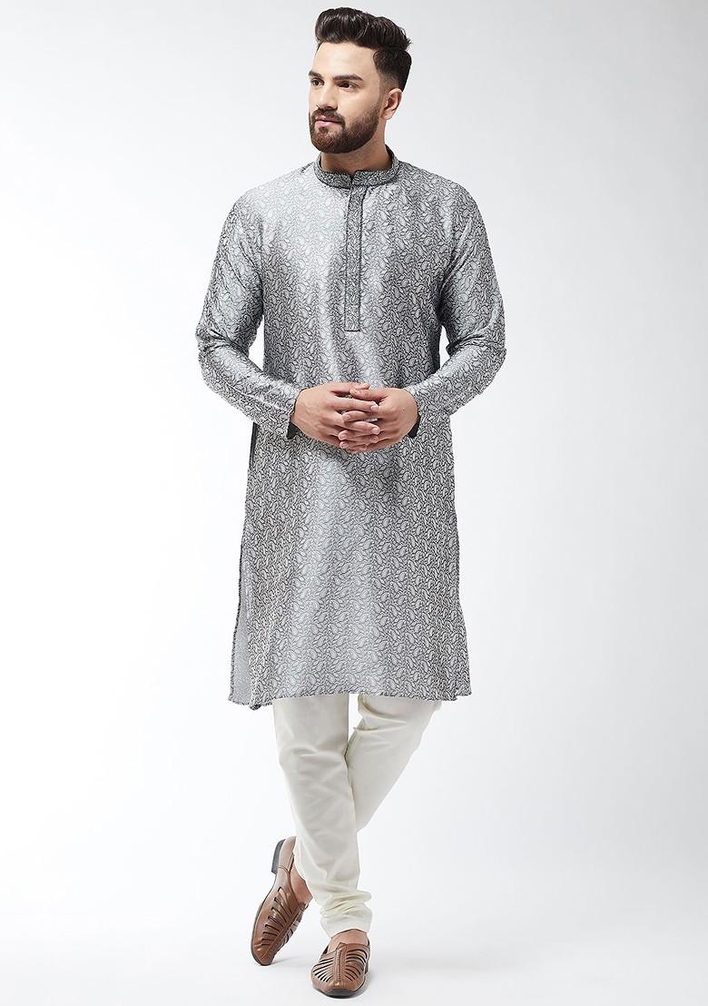 Grey Solid Jacquard Kurta Set For Men