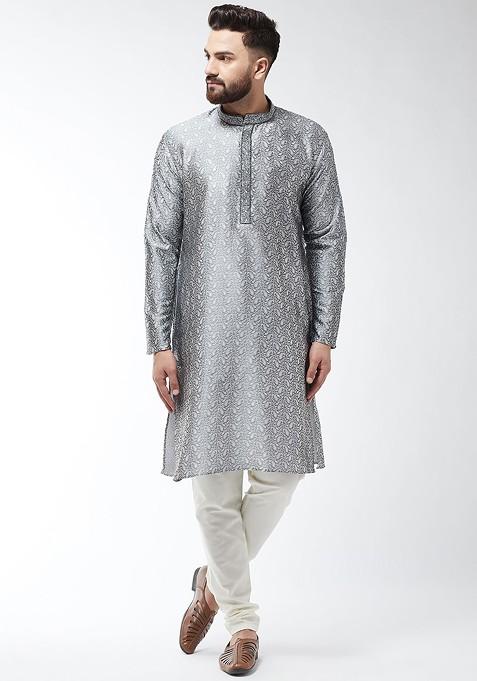 Grey Solid Jacquard Kurta Set For Men — view on Indya