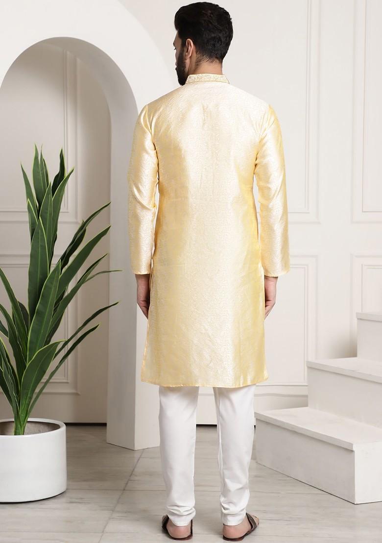 Gold Solid Jacquard Kurta Set For Men