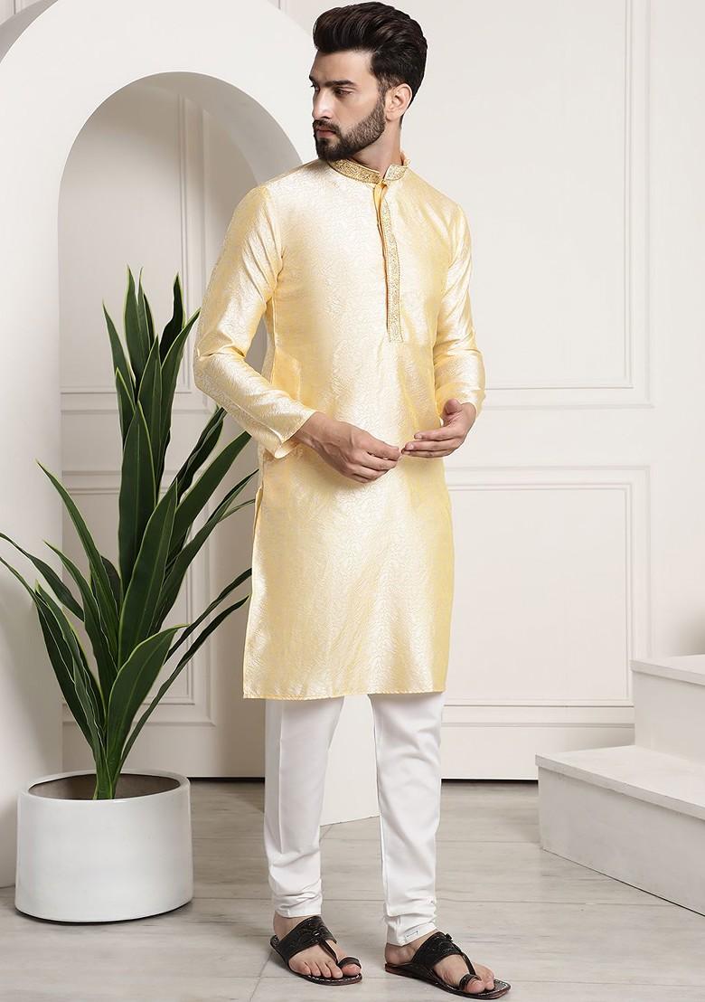Gold Solid Jacquard Kurta Set For Men
