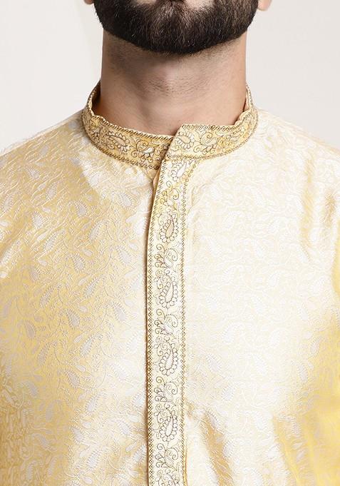 Gold Solid Jacquard Kurta Set For Men