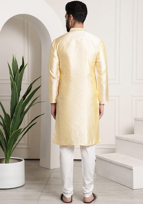 Gold Solid Jacquard Kurta Set For Men