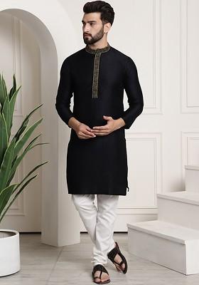 Black Thread Work Poly Blend Kurta Set For Men