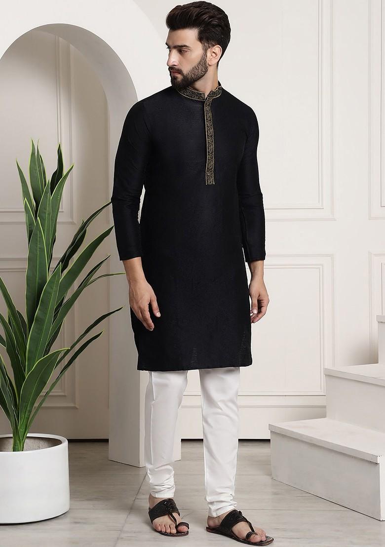 Black Thread Work Poly Blend Kurta Set For Men