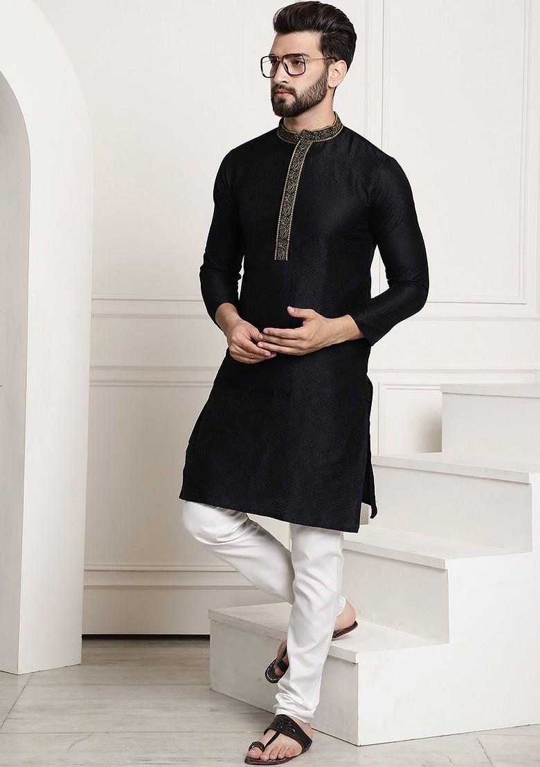 Black Thread Work Poly Blend Kurta Set For Men