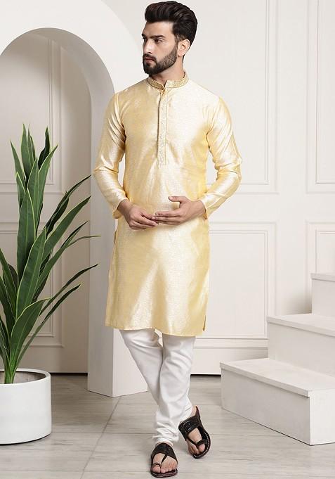 Gold Ethnic Motifs Poly Blend Kurta Set For Men