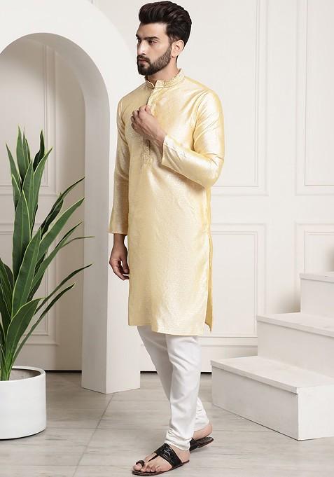 Gold Ethnic Motifs Poly Blend Kurta Set For Men