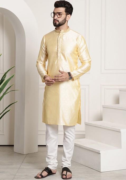 Gold Ethnic Motifs Poly Blend Kurta Set For Men