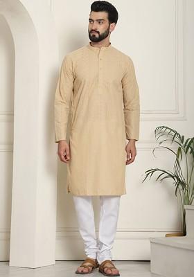 Beige Thread Work Cotton Kurta Set For Men