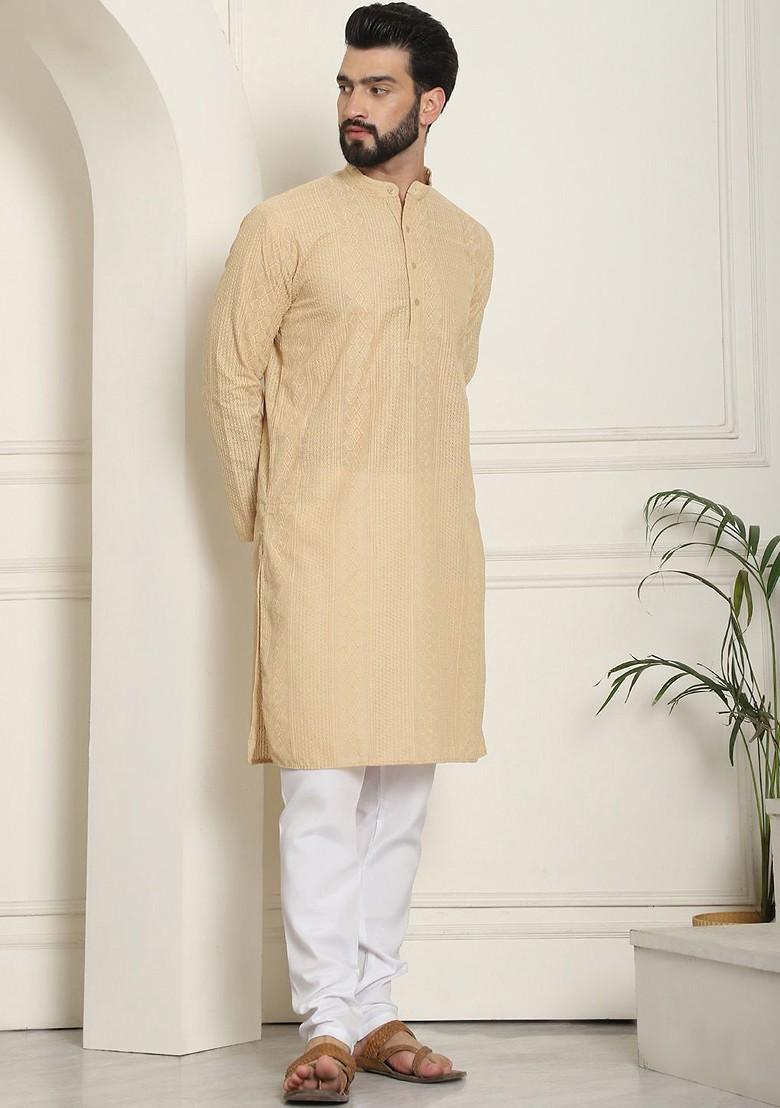 Beige Thread Work Cotton Kurta Set For Men