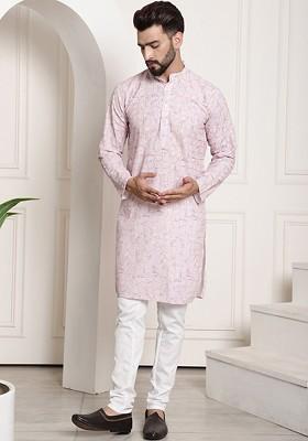 Pink Thread Work Cotton Kurta Set For Men