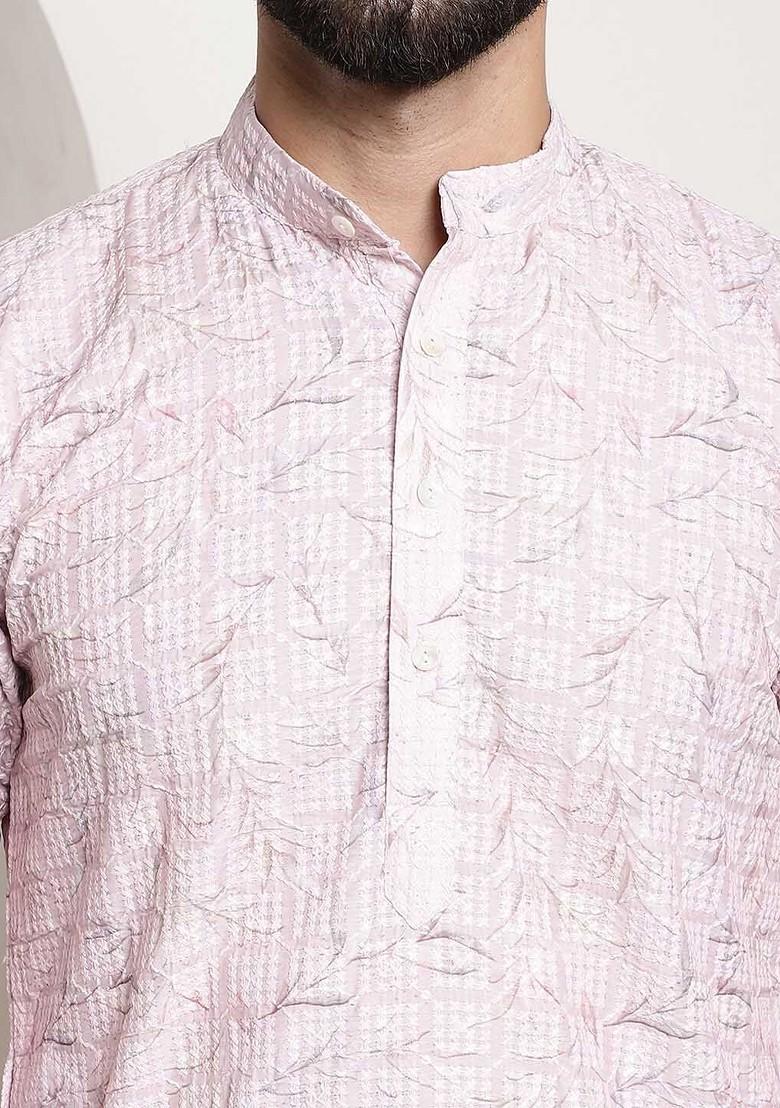 Pink Thread Work Cotton Kurta Set For Men