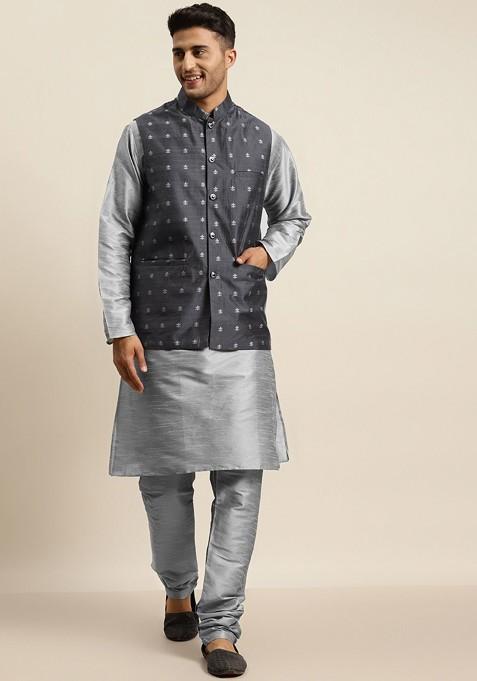 Grey Solid Poly Blend Kurta Set For Men