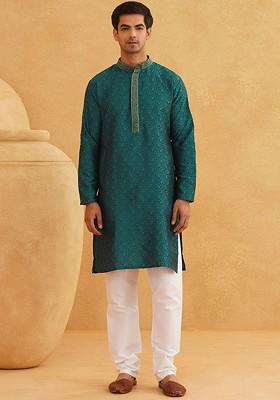 Teal Blue Woven Poly Blend Kurta Set For Men