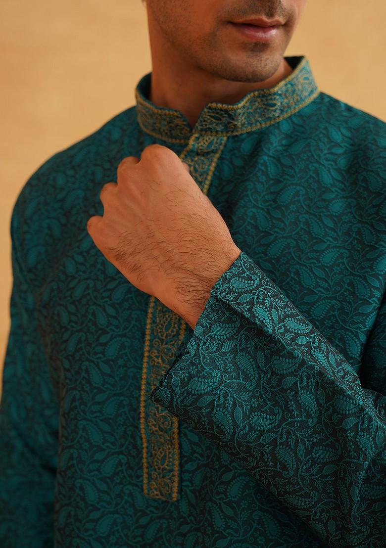 Teal Blue Woven Poly Blend Kurta Set For Men
