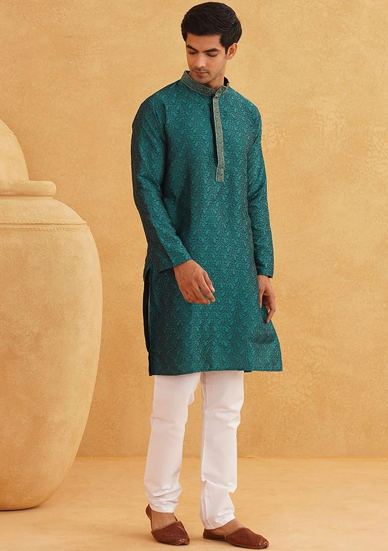 Teal Blue Woven Poly Blend Kurta Set For Men