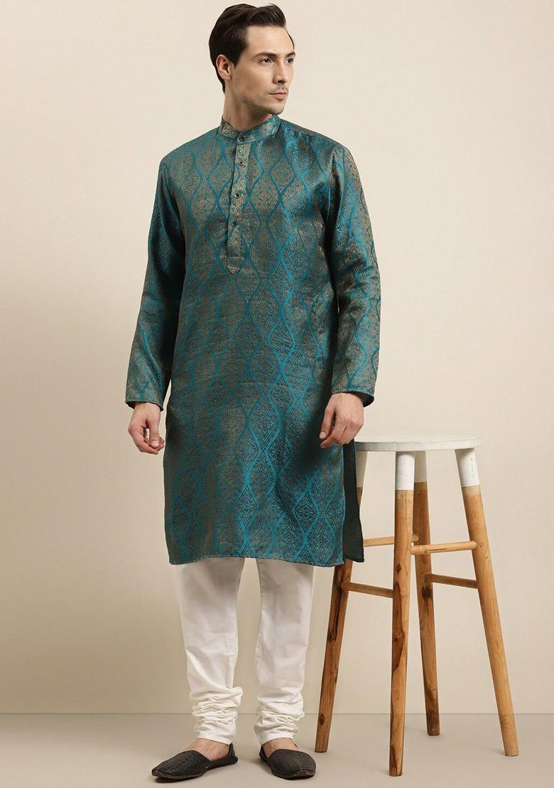 Teal Blue Ethnic Motifs Poly Blend Kurta Set For Men