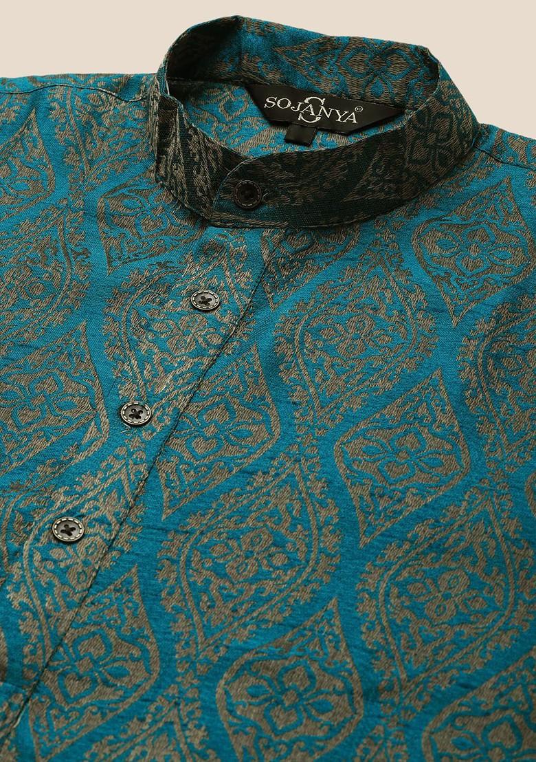 Teal Blue Ethnic Motifs Poly Blend Kurta Set For Men