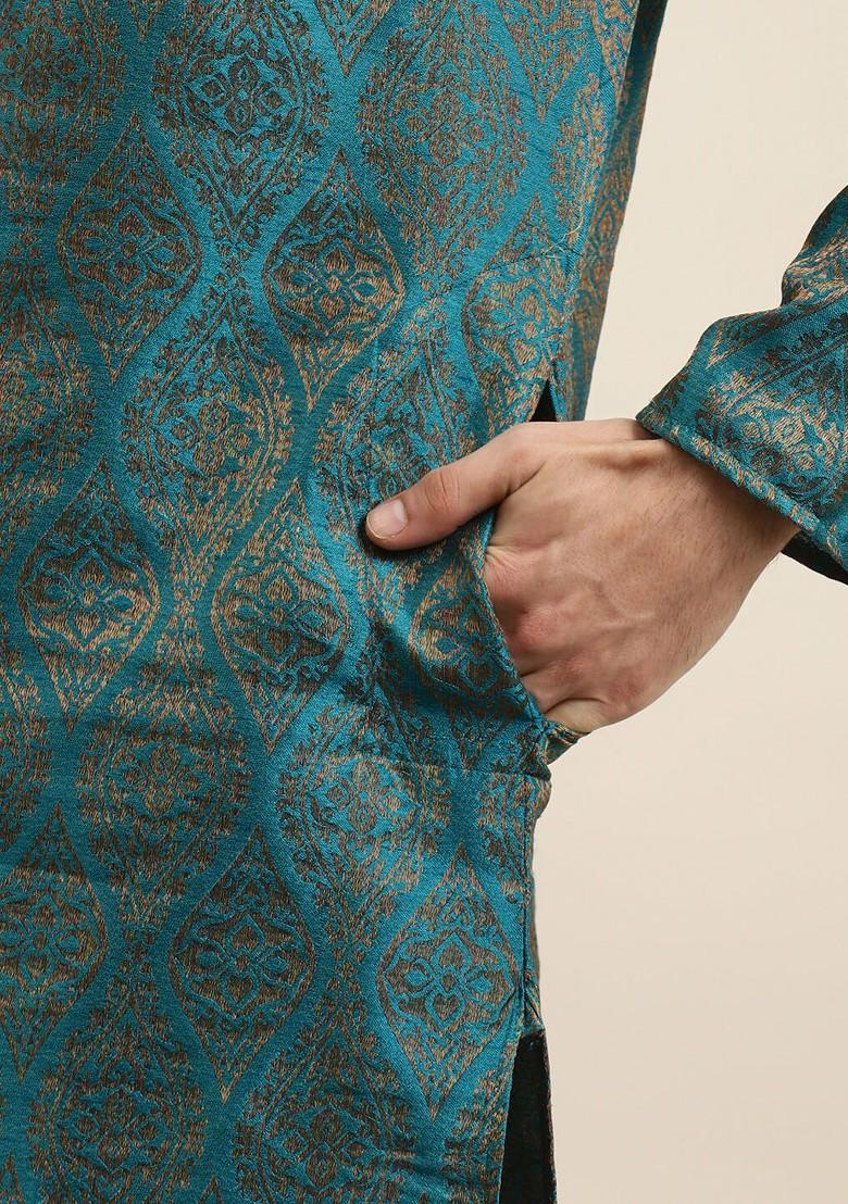 Teal Blue Ethnic Motifs Poly Blend Kurta Set For Men