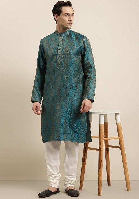 Teal Blue Ethnic Motifs Poly Blend Kurta Set For Men