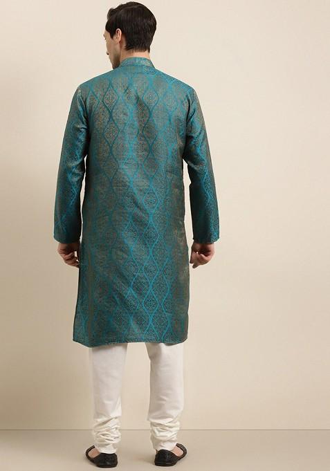 Teal Blue Ethnic Motifs Poly Blend Kurta Set For Men
