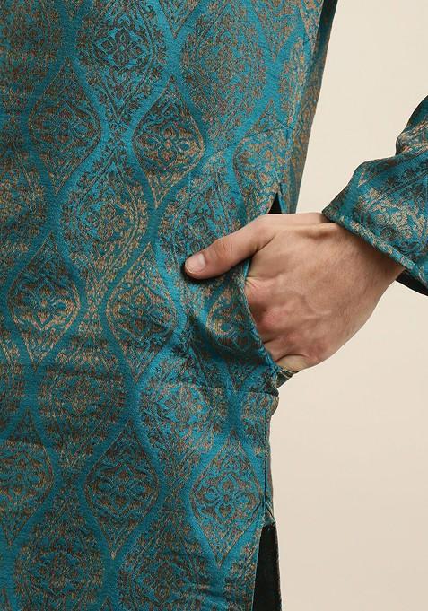 Teal Blue Ethnic Motifs Poly Blend Kurta Set For Men