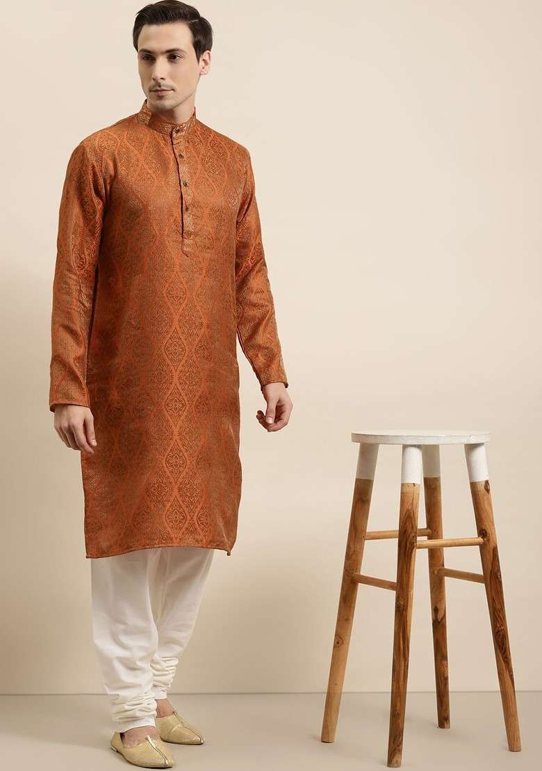 Orange Ethnic Motifs Poly Blend Kurta Set For Men - Indya