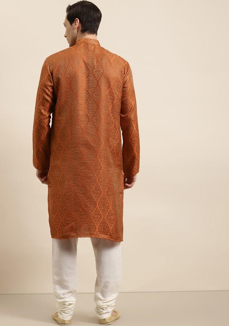 Orange Ethnic Motifs Poly Blend Kurta Set For Men