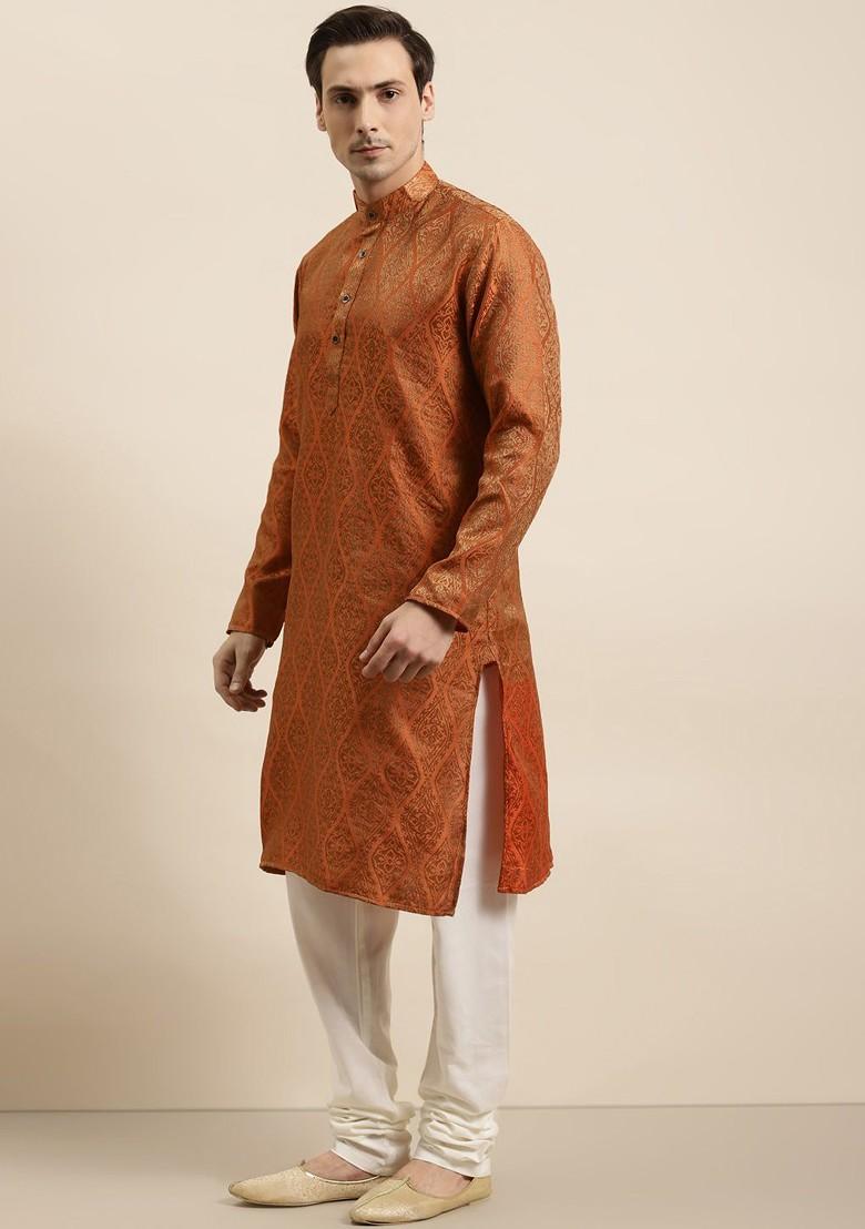 Orange Ethnic Motifs Poly Blend Kurta Set For Men