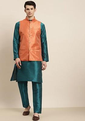 Teal Blue Solid Poly Blend Kurta Set For Men