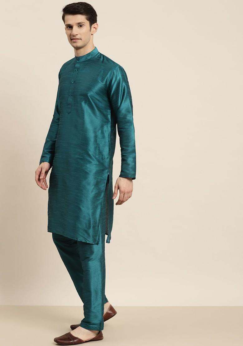 Teal Blue Solid Poly Blend Kurta Set For Men