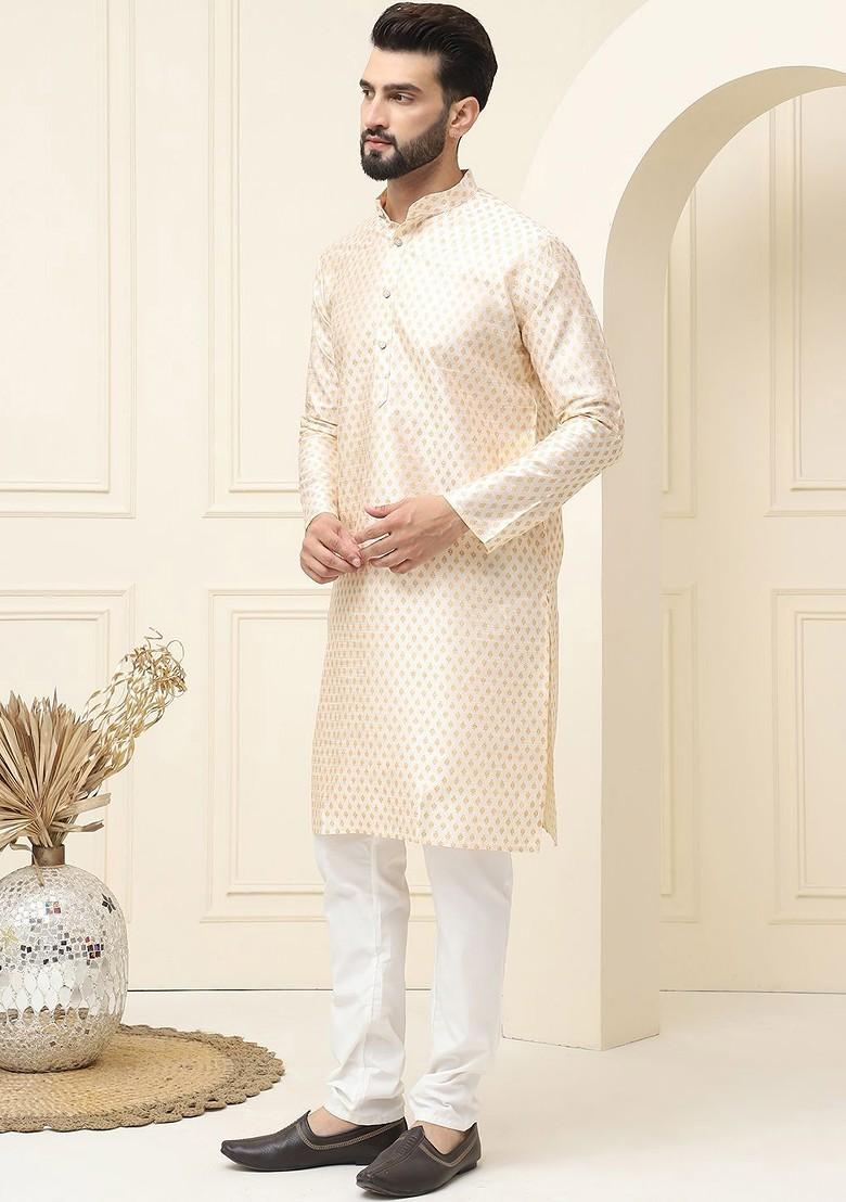 Cream Ethnic Motifs Cotton Kurta Set For Men