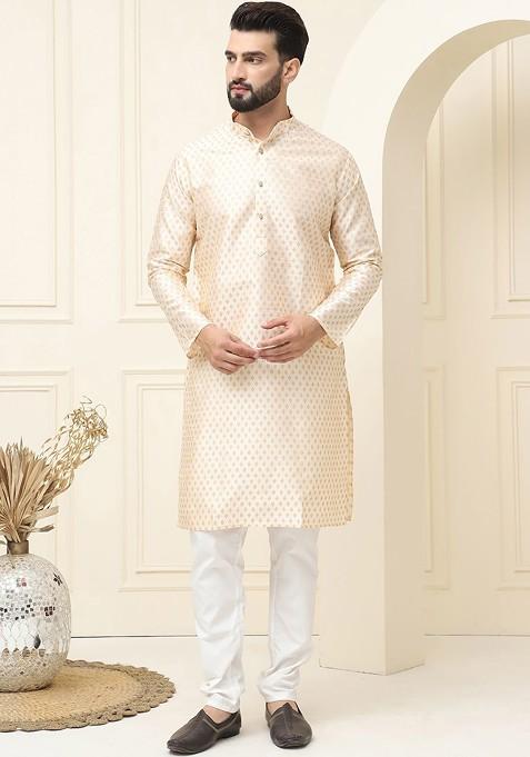 Cream Ethnic Motifs Cotton Kurta Set For Men